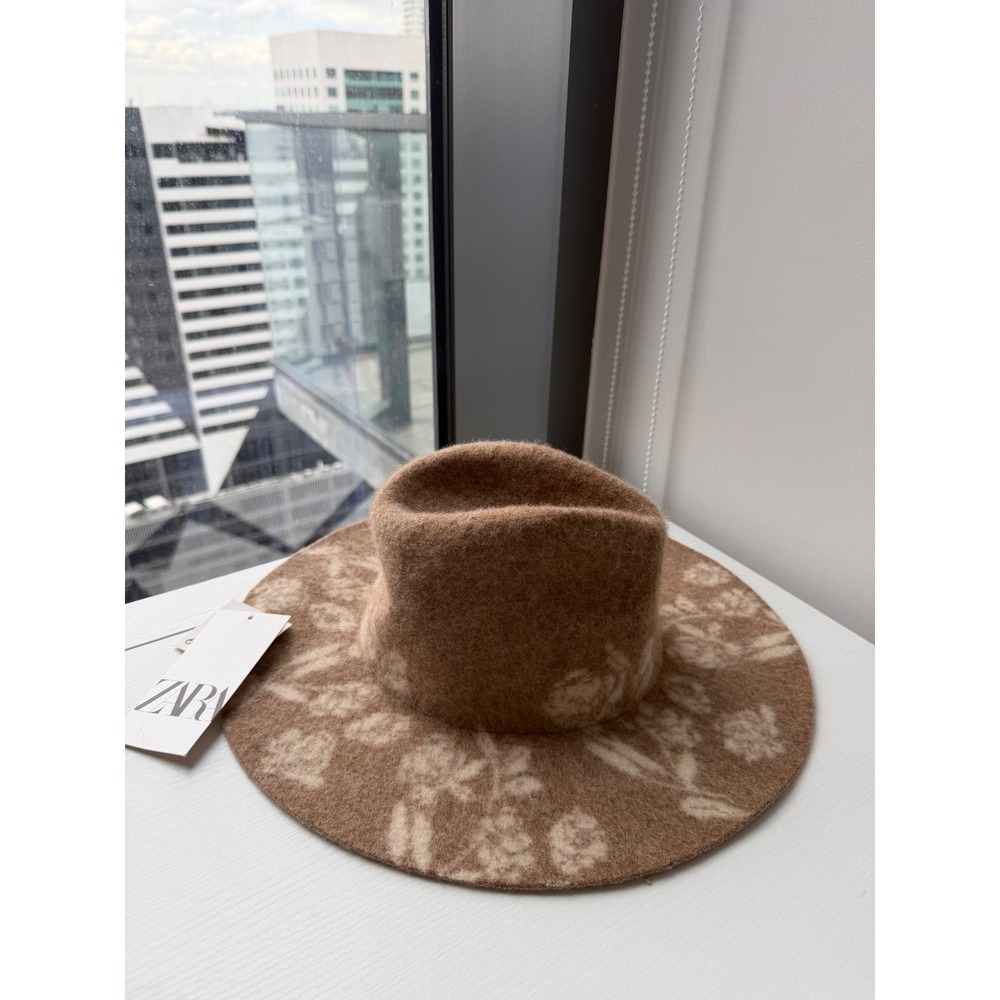 Zara Floral Wool Blend Fedora Hat Brown Tan Wide Brim New S M NWT
